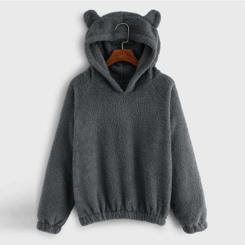 Women's Hoodie Teddy Fleece Bear-Ear Hood Front Pockets