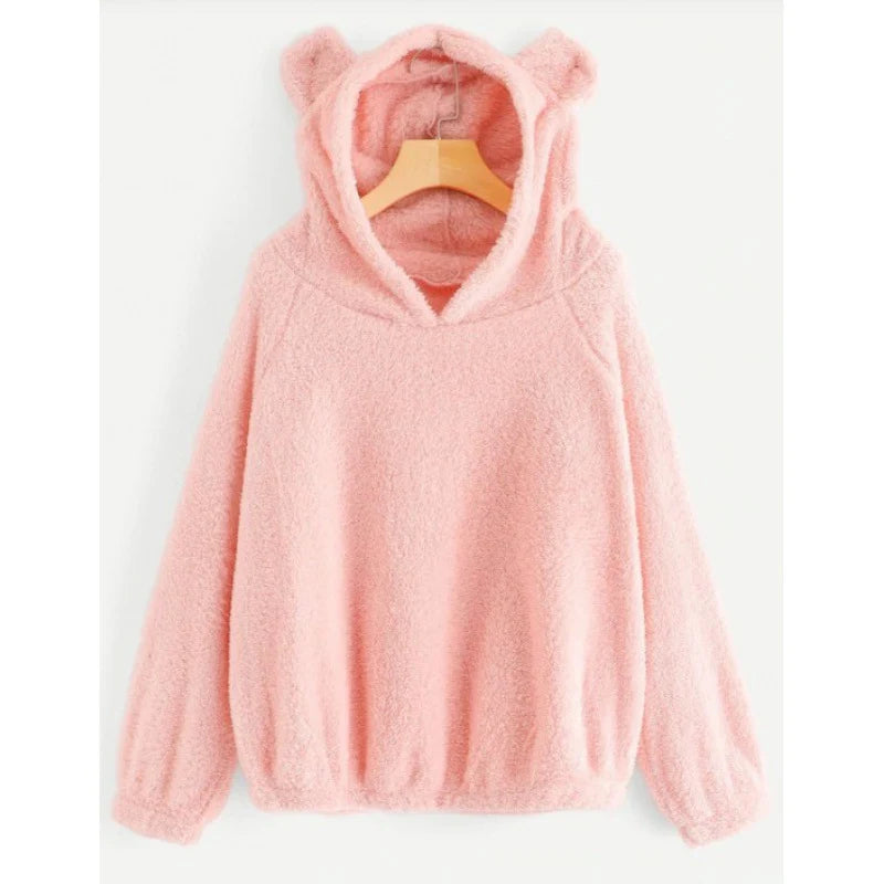 Women's Hoodie Teddy Fleece Bear-Ear Hood Front Pockets