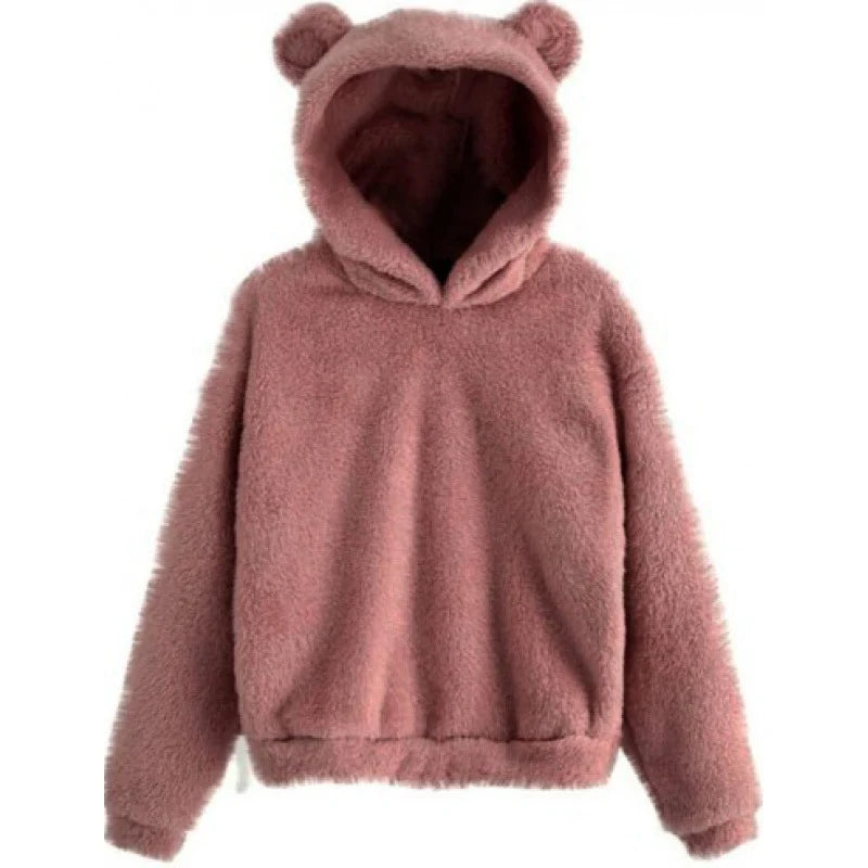 Women's Hoodie Teddy Fleece Bear-Ear Hood Front Pockets