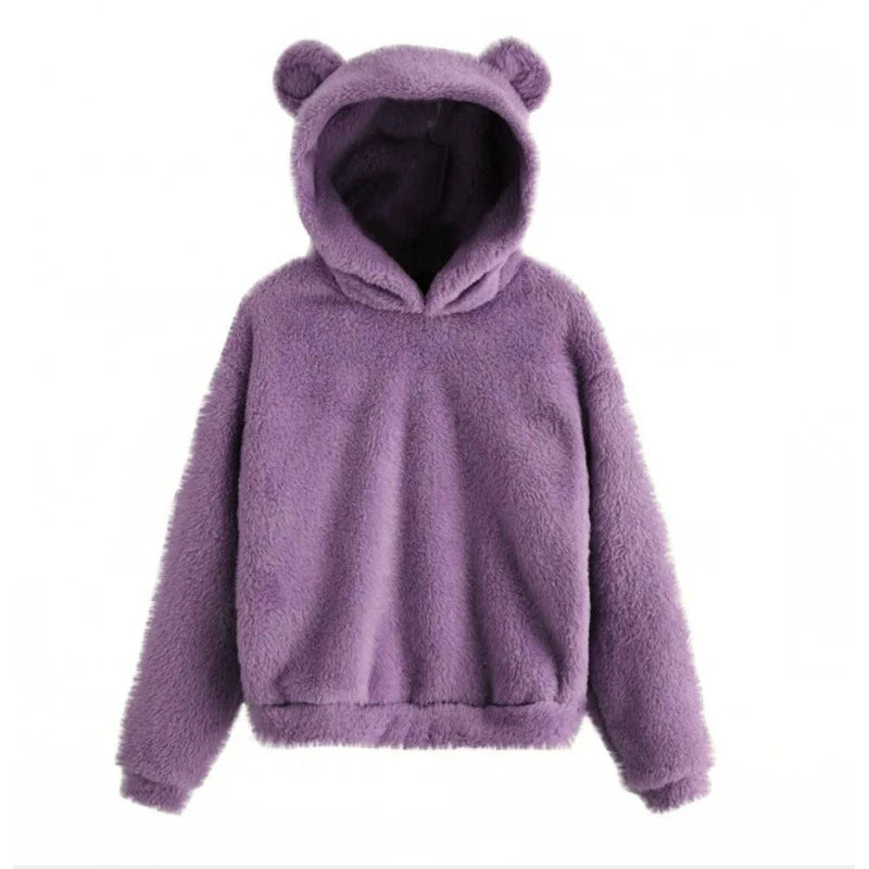Women's Hoodie Teddy Fleece Bear-Ear Hood Front Pockets