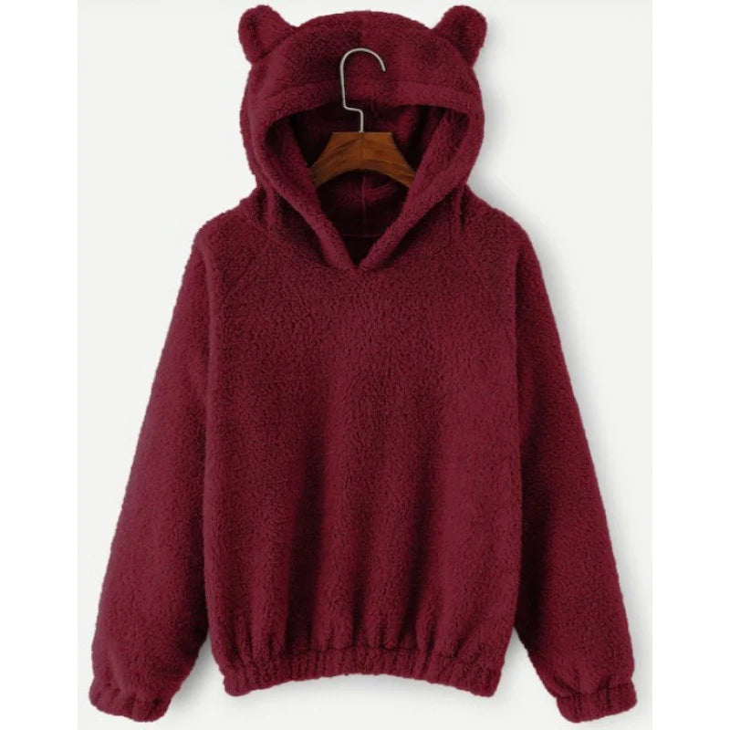 Women's Hoodie Teddy Fleece Bear-Ear Hood Front Pockets