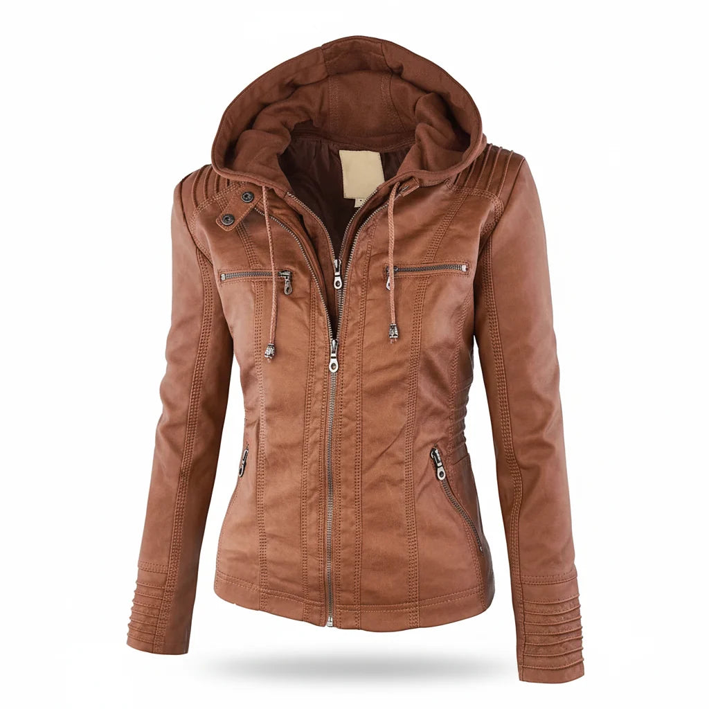 Women's Leather Jacket Hooded Insulated Zip Front