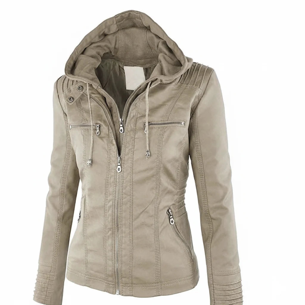 Women's Leather Jacket Hooded Insulated Zip Front