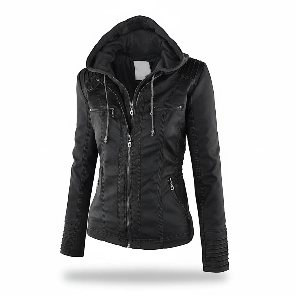 Women's Leather Jacket Hooded Insulated Zip Front