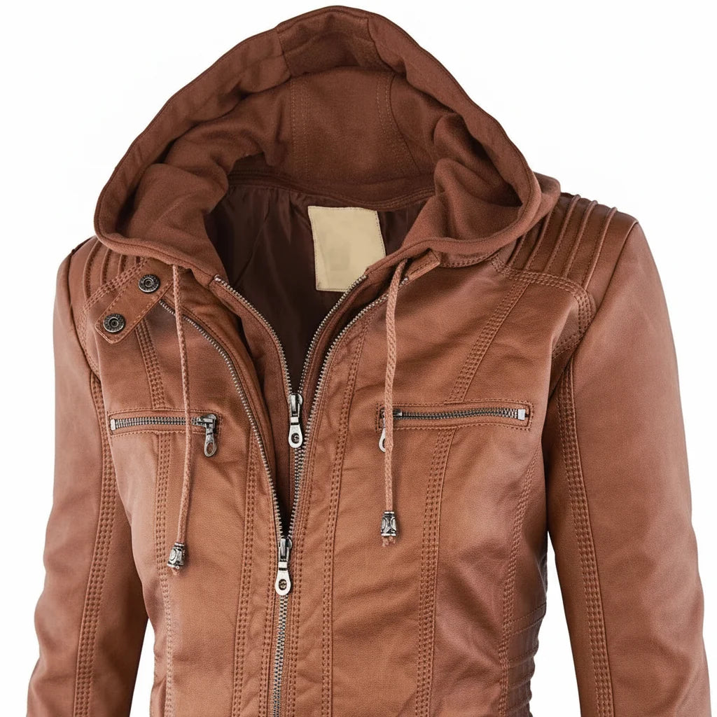 Women's Leather Jacket Hooded Insulated Zip Front
