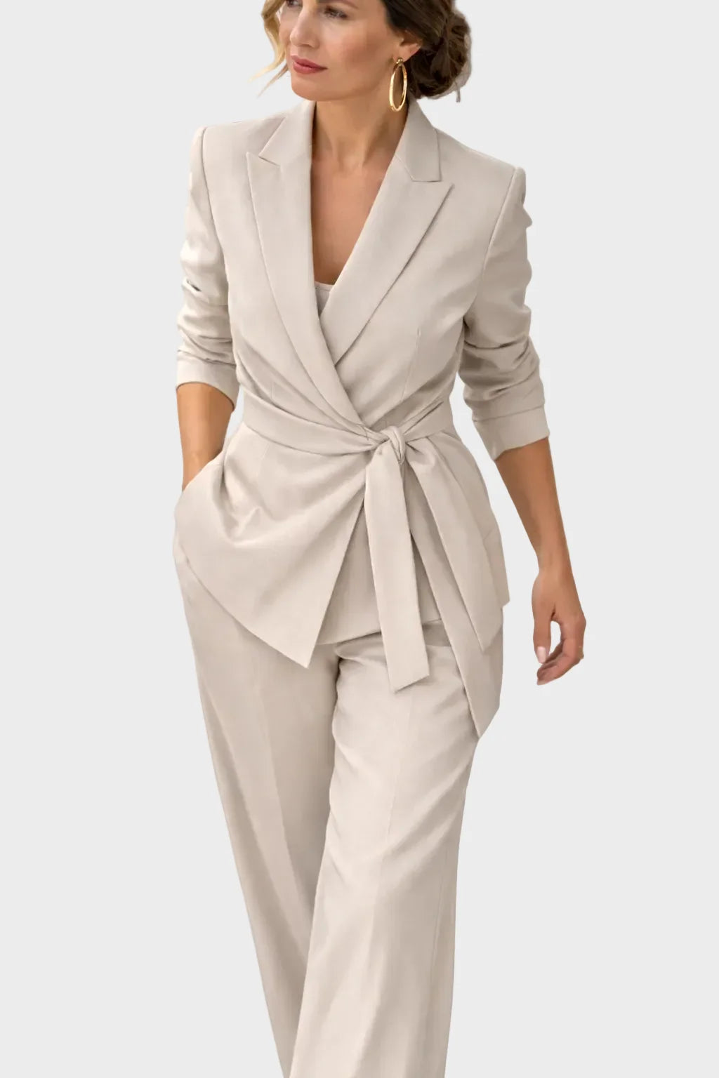 Women's Two-Piece Suit Adjustable Tie-Waist Wide-Leg Trousers