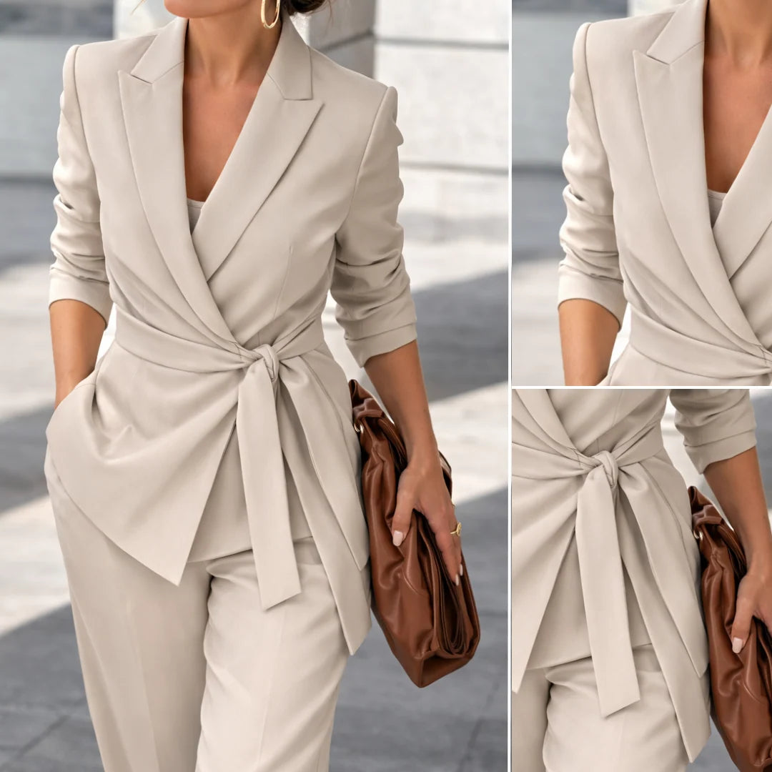Women's Two-Piece Suit Adjustable Tie-Waist Wide-Leg Trousers