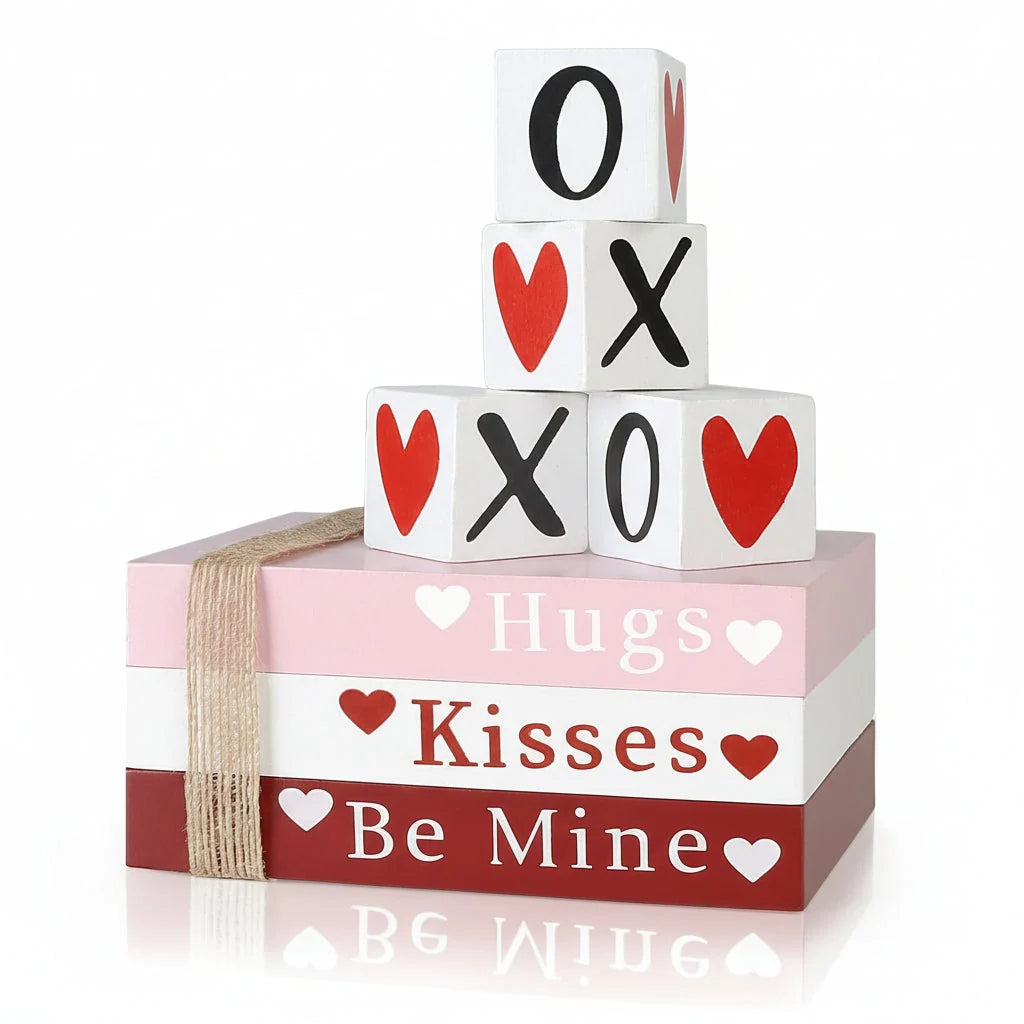 Wooden Book Stack Hand-Lettered Valentine Removable Heart