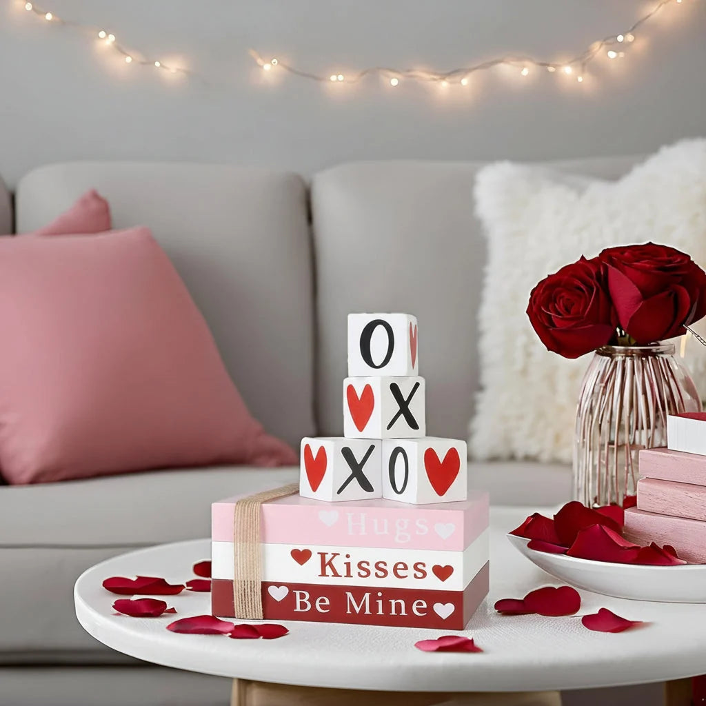 Wooden Book Stack Hand-Lettered Valentine Removable Heart