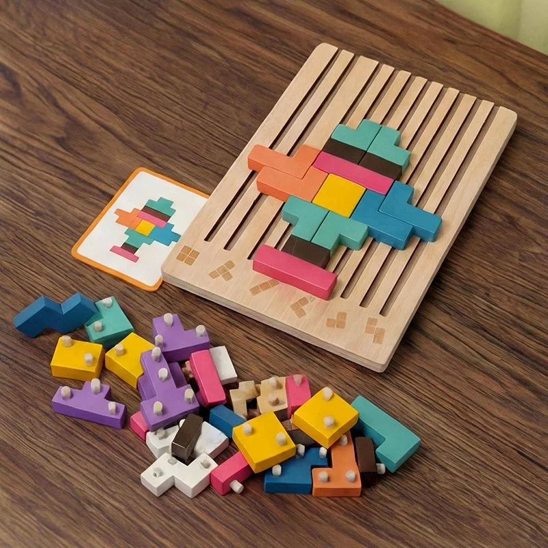 Wooden Puzzle Game 42 Pieces Challenge Cards