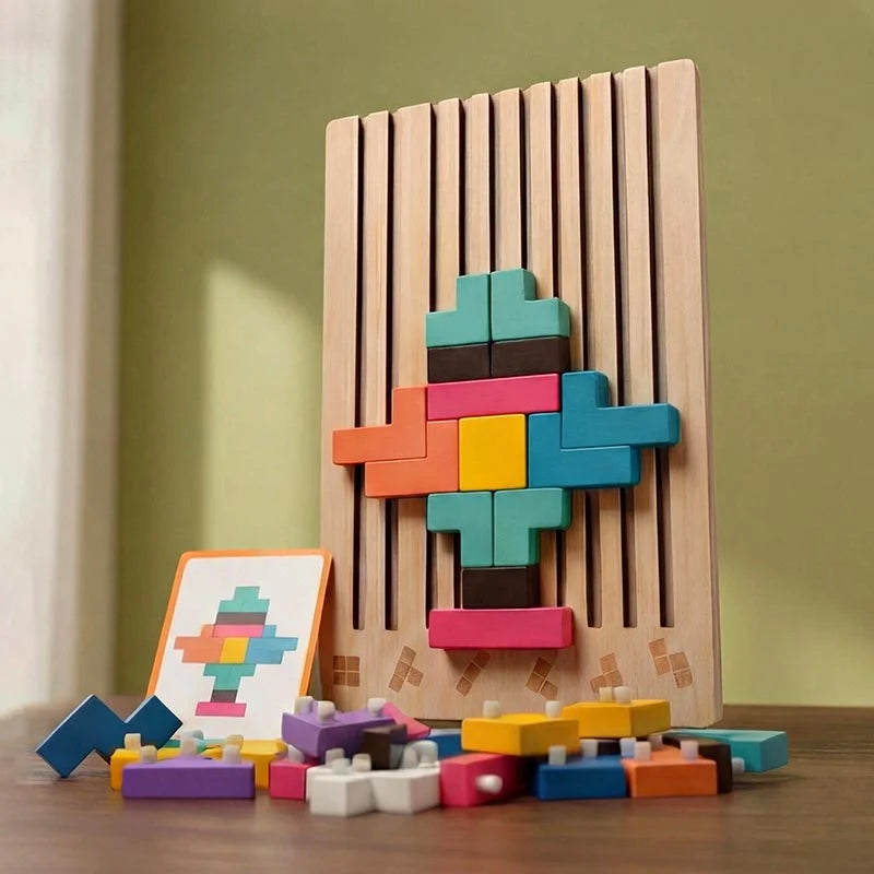 Wooden Puzzle Game 42 Pieces Challenge Cards