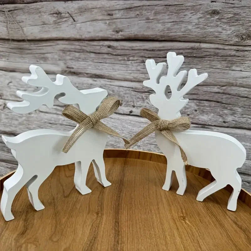 Wooden Reindeer Figurines Intricate Detailing Neutral Finish