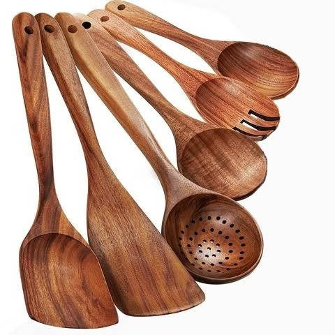 Wooden Utensil Set Teak Nonstick-Safe Set of 6
