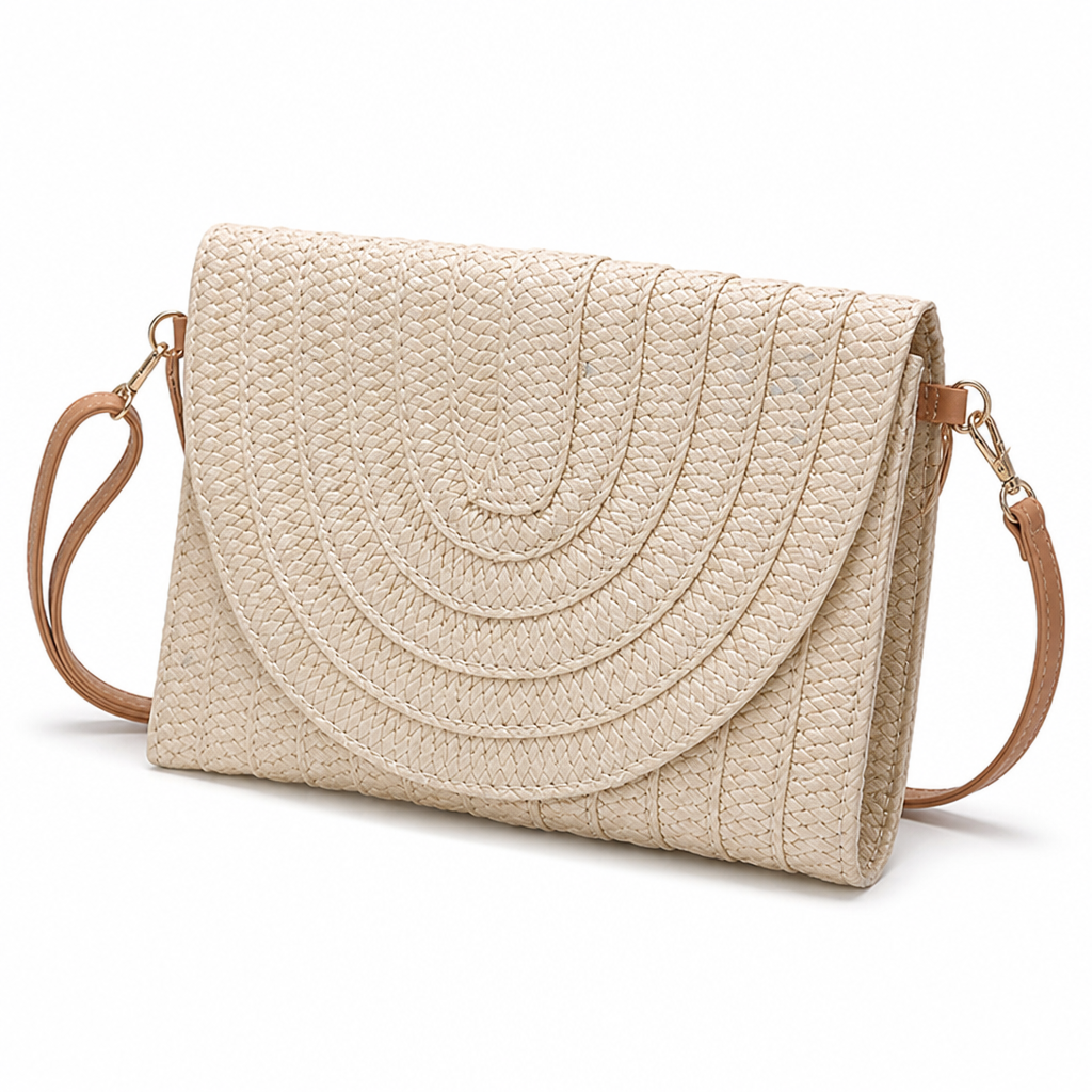 Woven Natural Fiber Round Flap Crossbody Bag (Adjustable Strap)