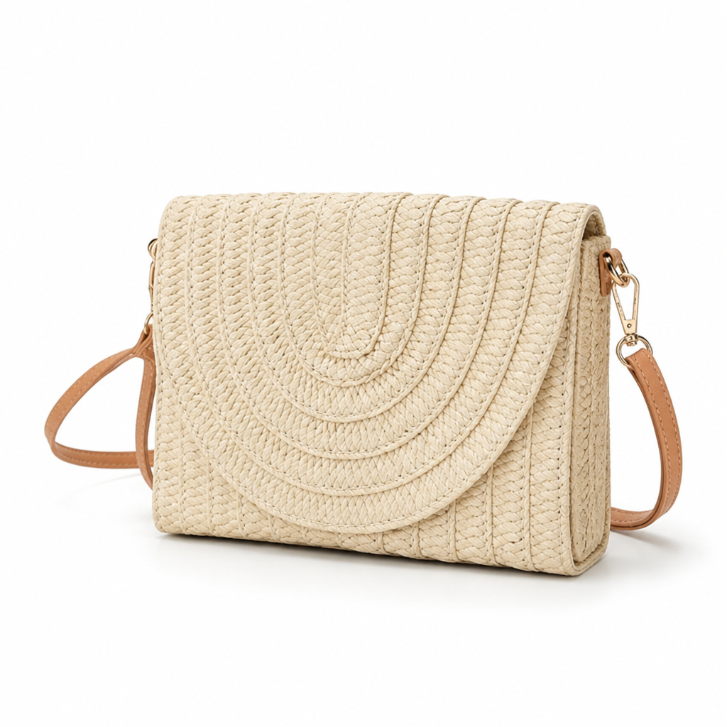 Woven Natural Fiber Round Flap Crossbody Bag (Adjustable Strap)