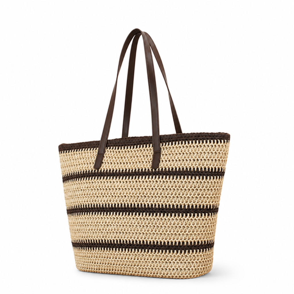 Woven Raffia Leather-Handled Beach Bag