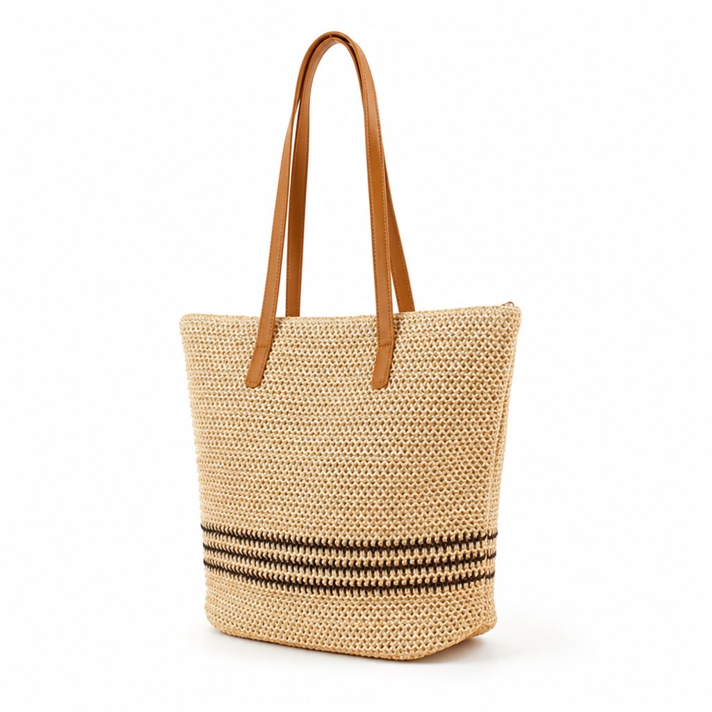 Woven Raffia Leather-Handled Beach Bag