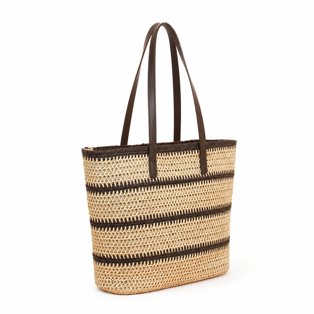 Woven Raffia Leather-Handled Beach Bag