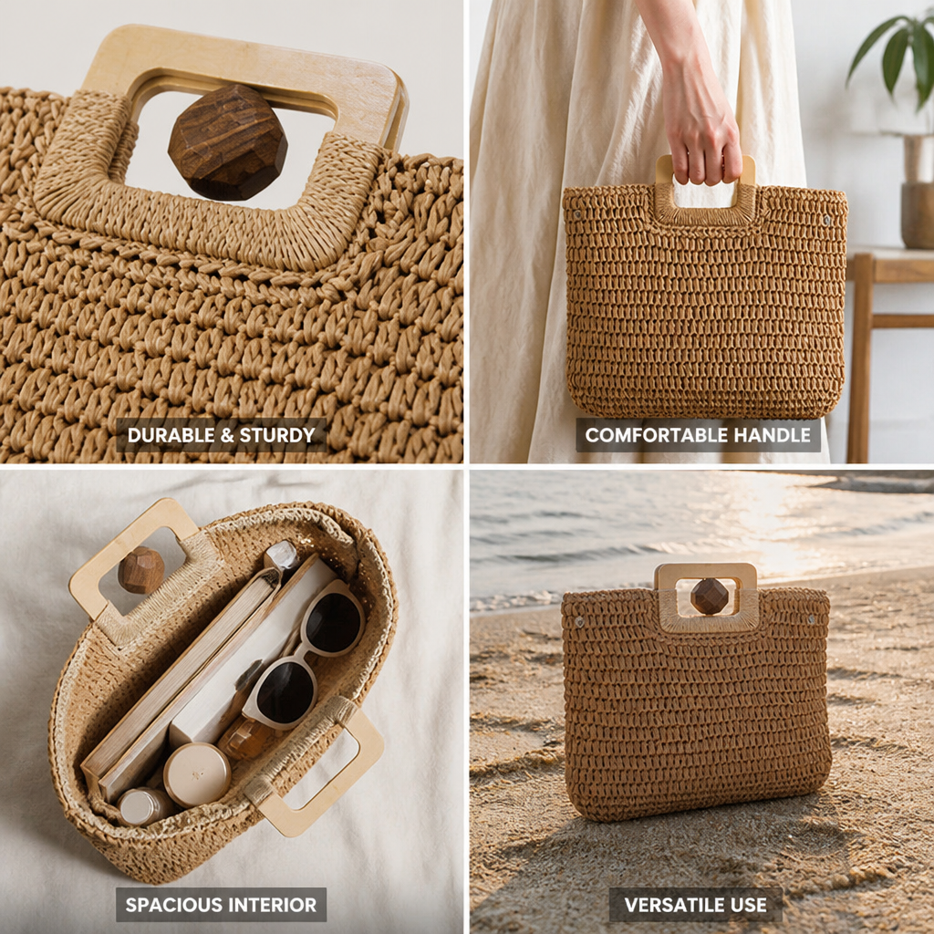 Woven Raffia & Wooden Handle Basket Bag