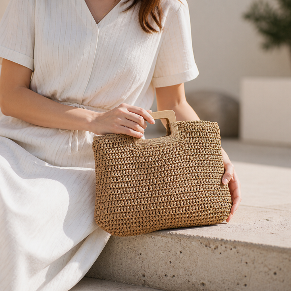 Woven Raffia & Wooden Handle Basket Bag