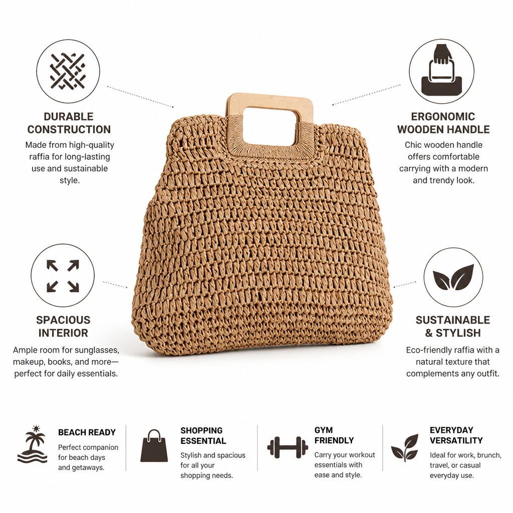 Woven Raffia & Wooden Handle Basket Bag