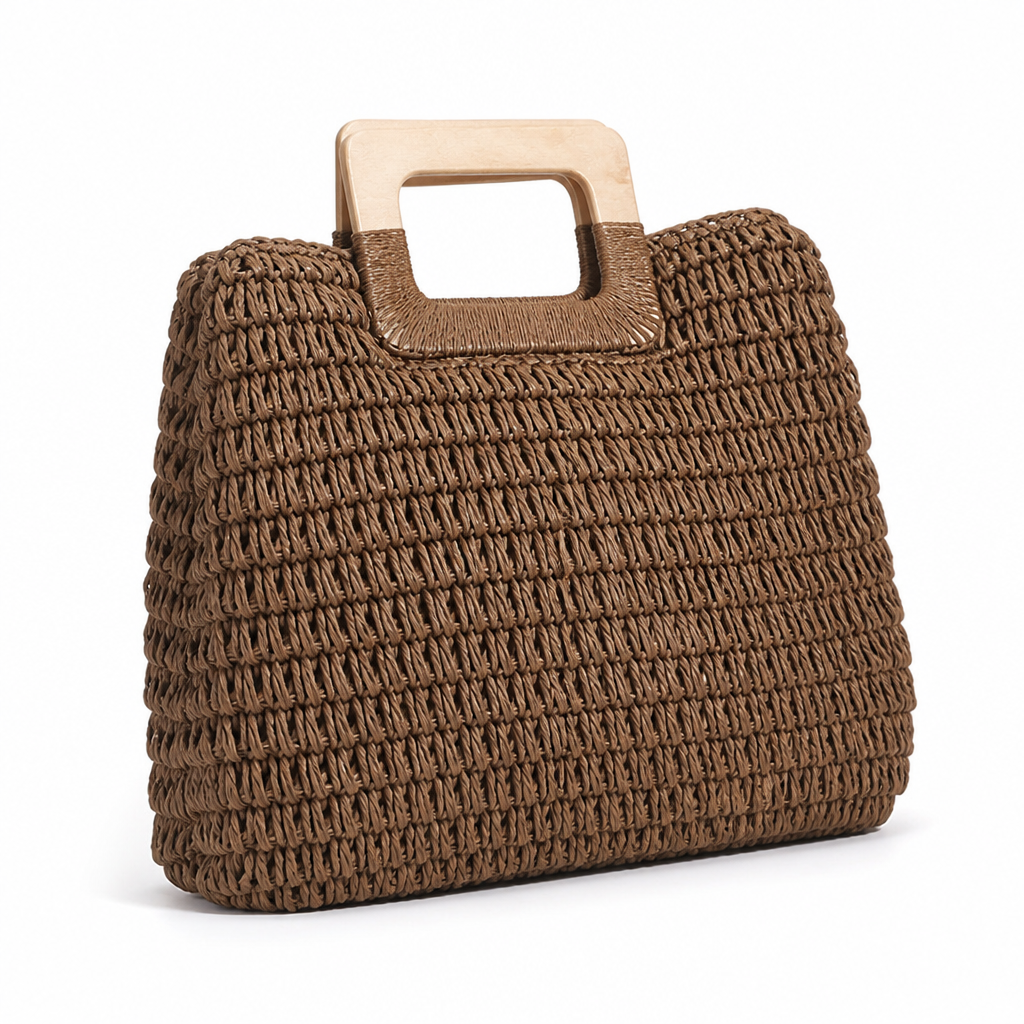 Woven Raffia & Wooden Handle Basket Bag