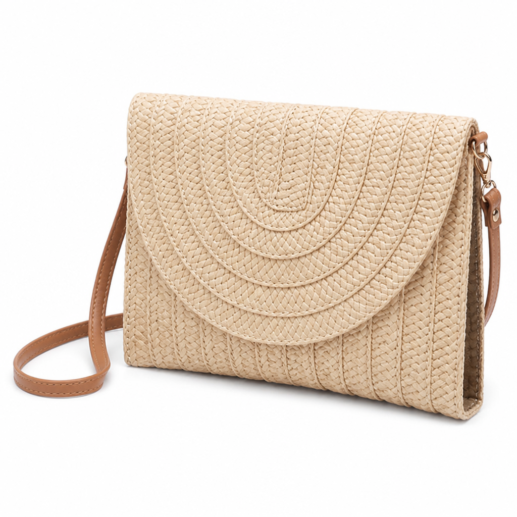 Woven Straw Flap Closure Handbag