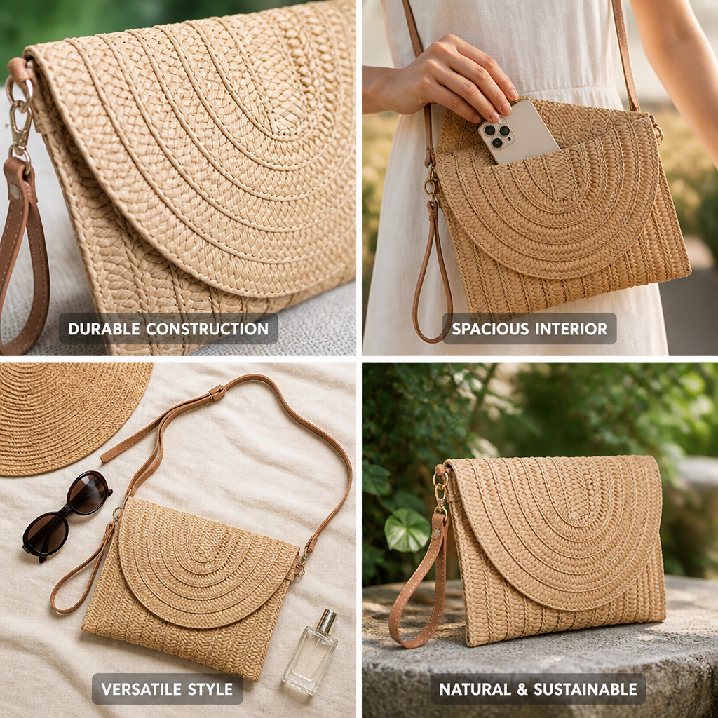 Woven Straw Flap Closure Handbag