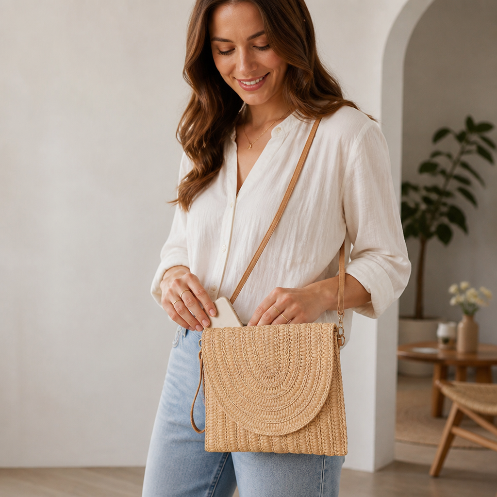 Woven Straw Flap Closure Handbag