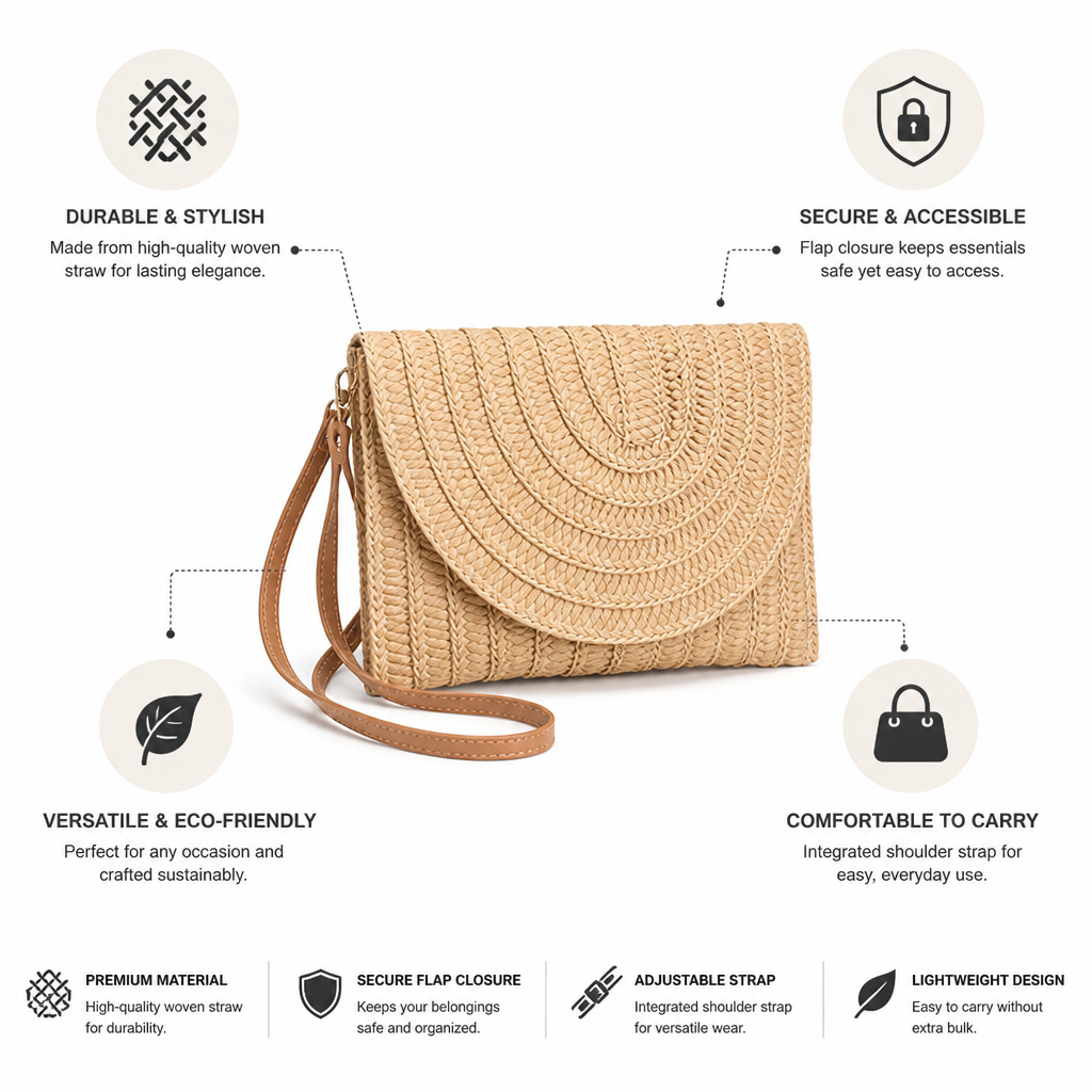 Woven Straw Flap Closure Handbag