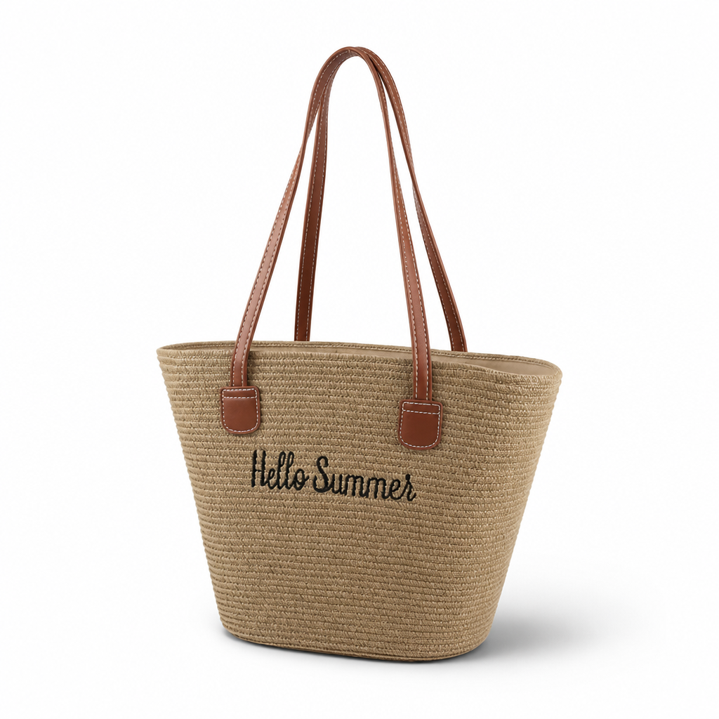 Woven Straw Tote Bag With Leather Handles (Hello Summer Embroidery)