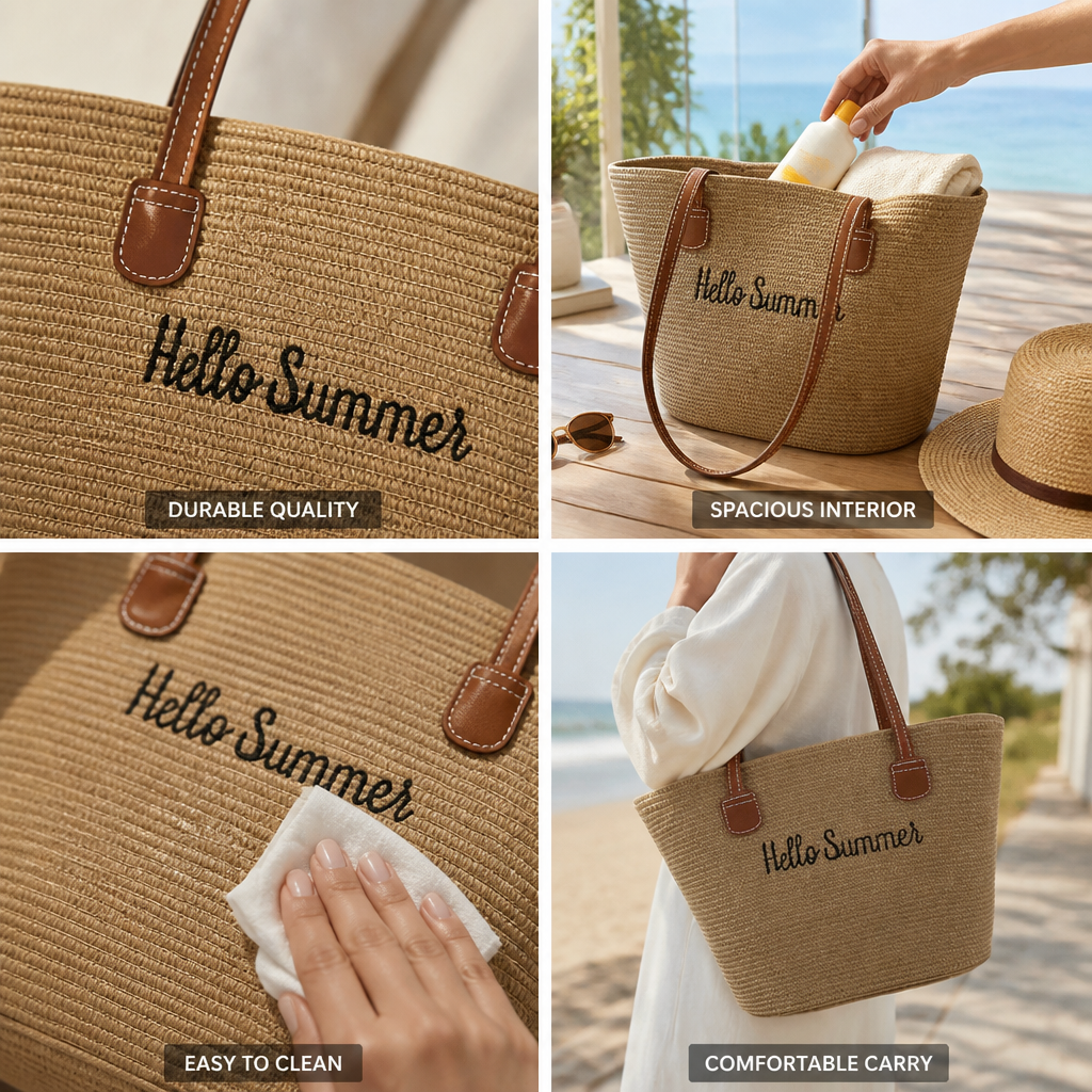 Woven Straw Tote Bag With Leather Handles (Hello Summer Embroidery)