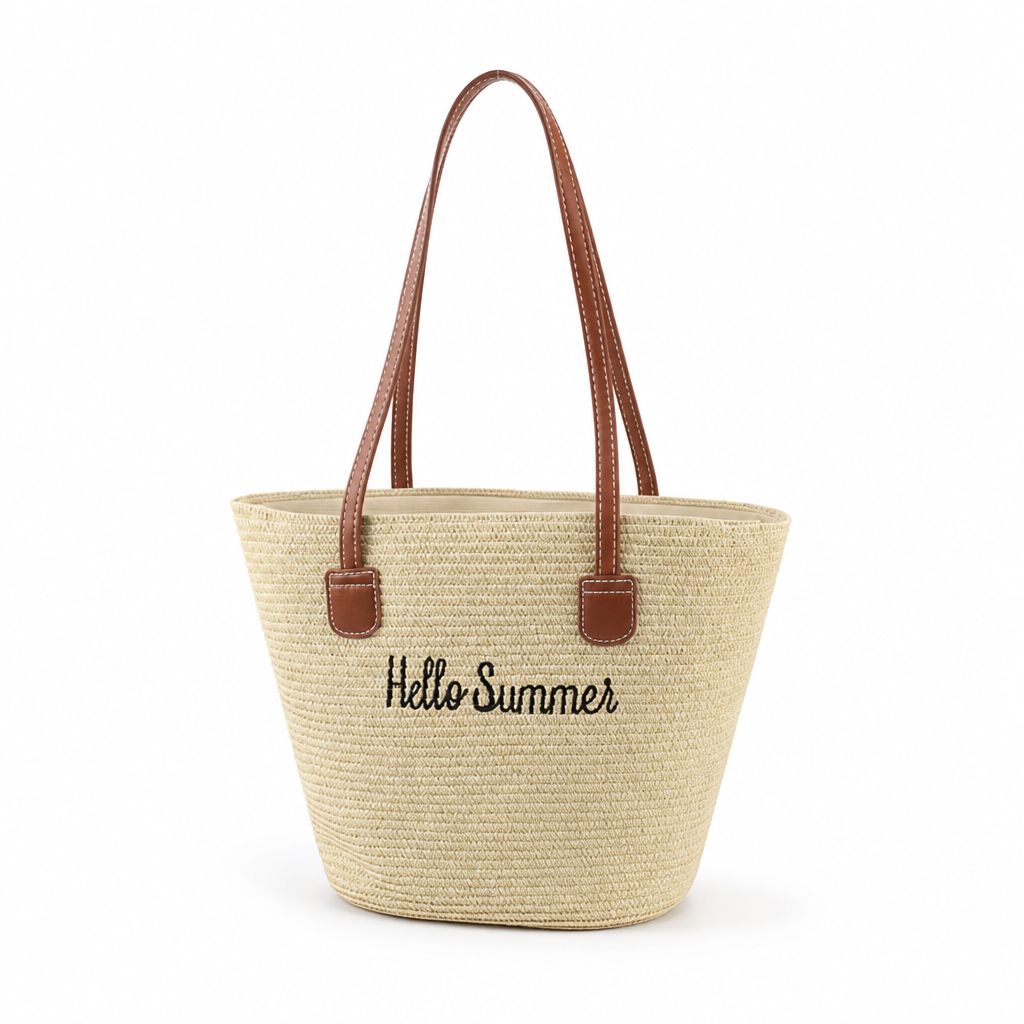 Woven Straw Tote Bag With Leather Handles (Hello Summer Embroidery)