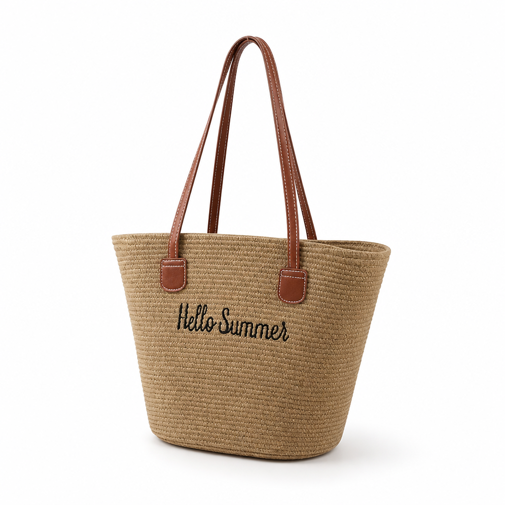 Woven Straw Tote Bag With Leather Handles (Hello Summer Embroidery)