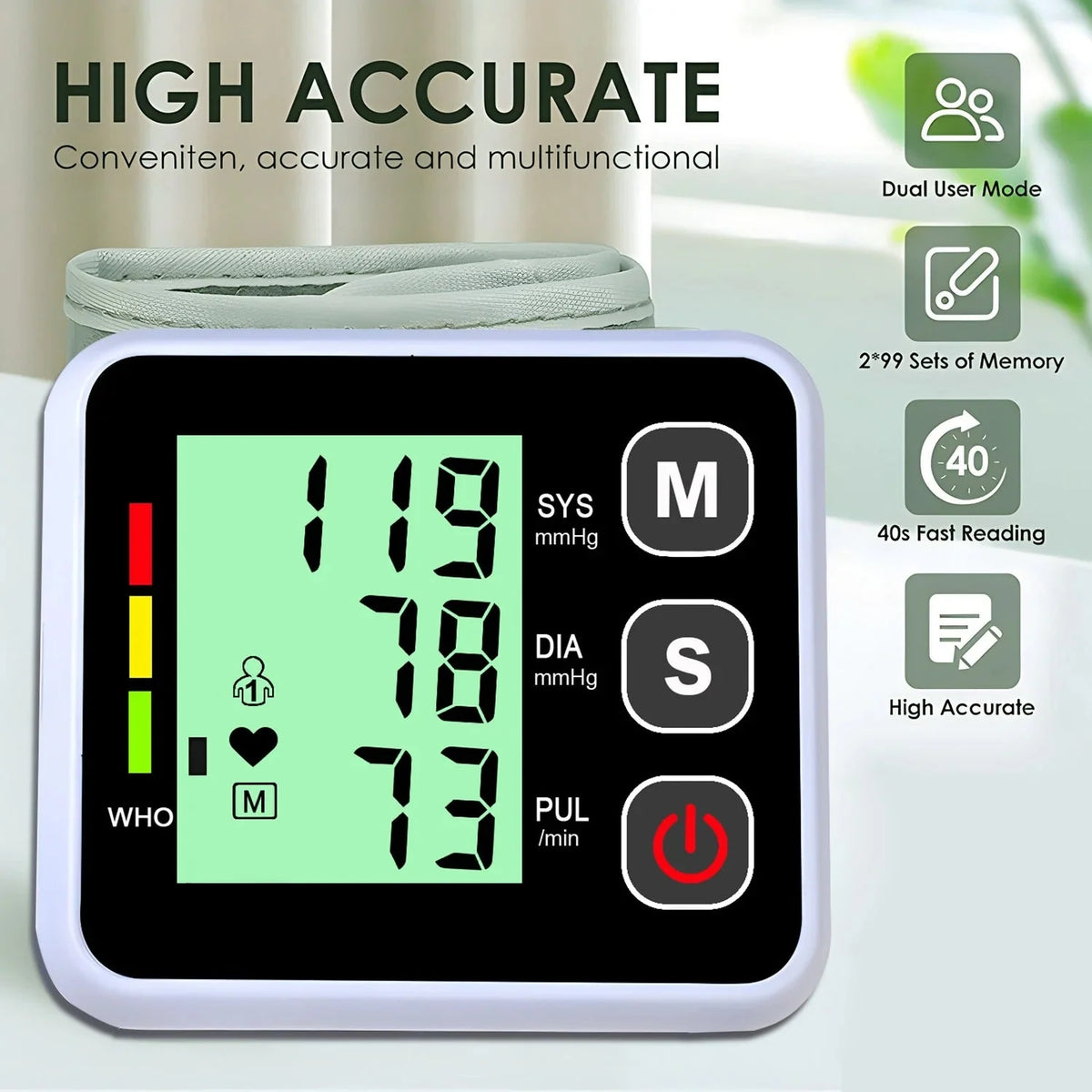 Wrist Blood Pressure Monitor Automatic Cuff Inflation 60-Reading Memory