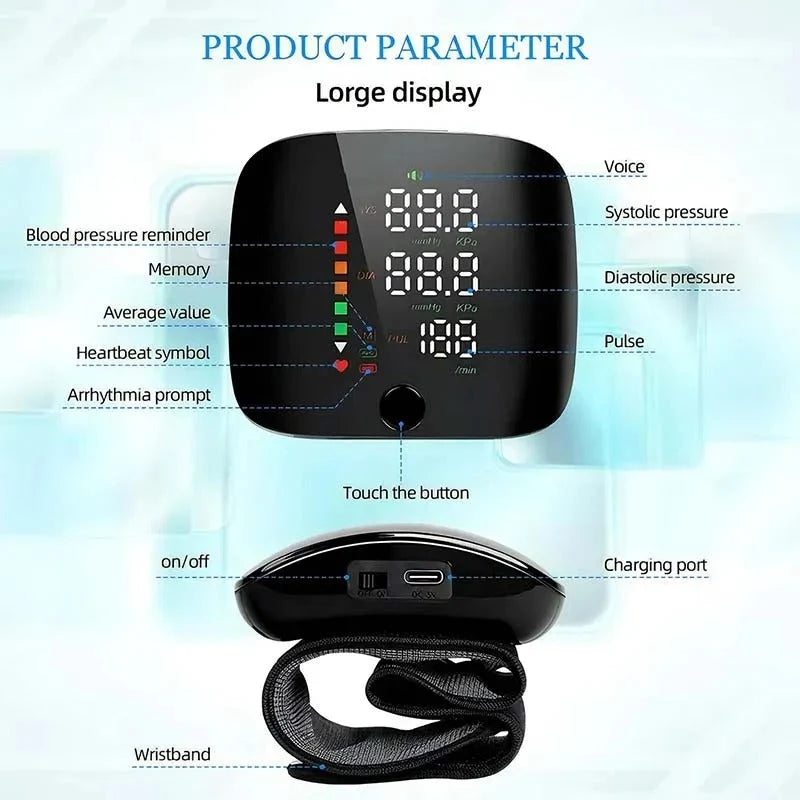 Wrist Blood Pressure Monitor Voice Alerts USB-C Rechargeable