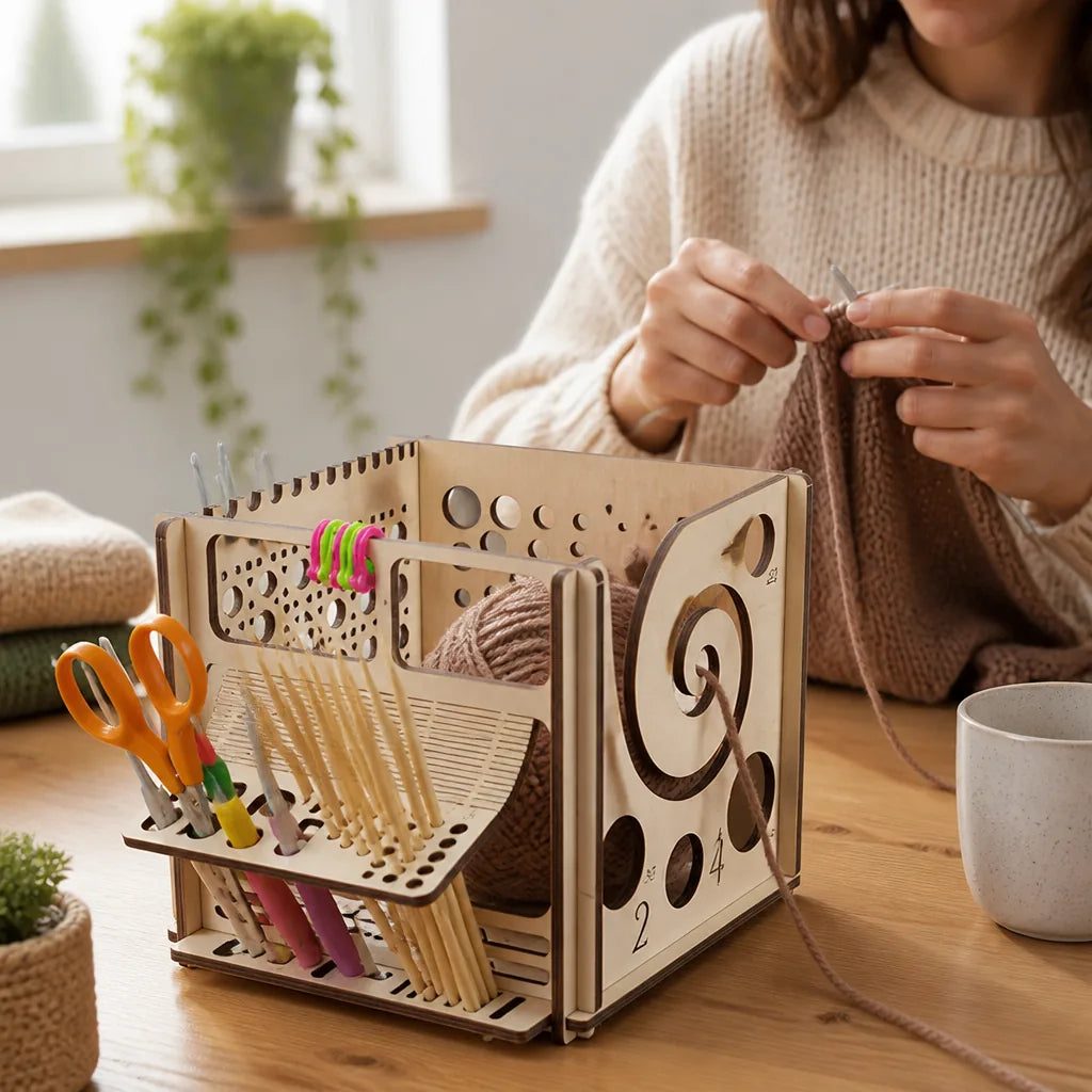 Yarn Organizer Wooden Tangle-Free Tool Compartments