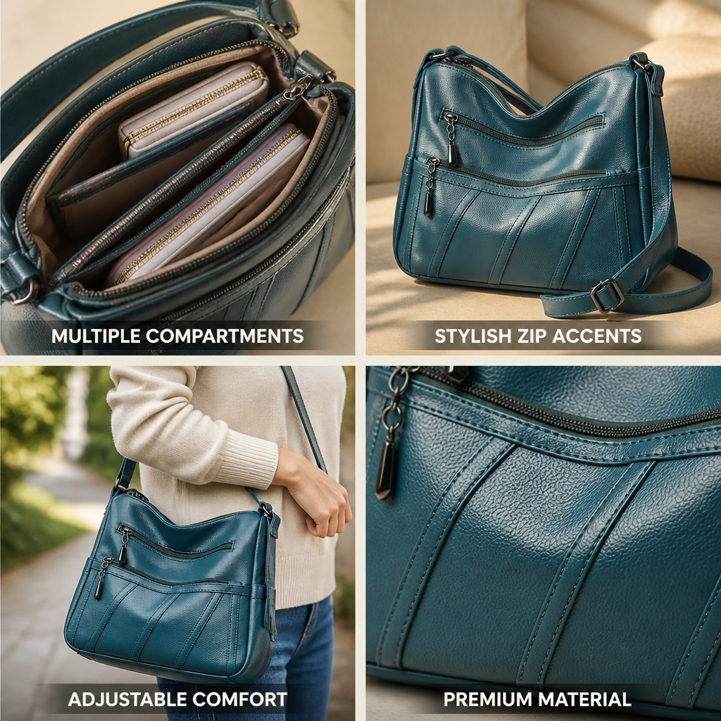 Zip-Detail Multiple-Compartment Adjustable-Strap Shoulder Bag