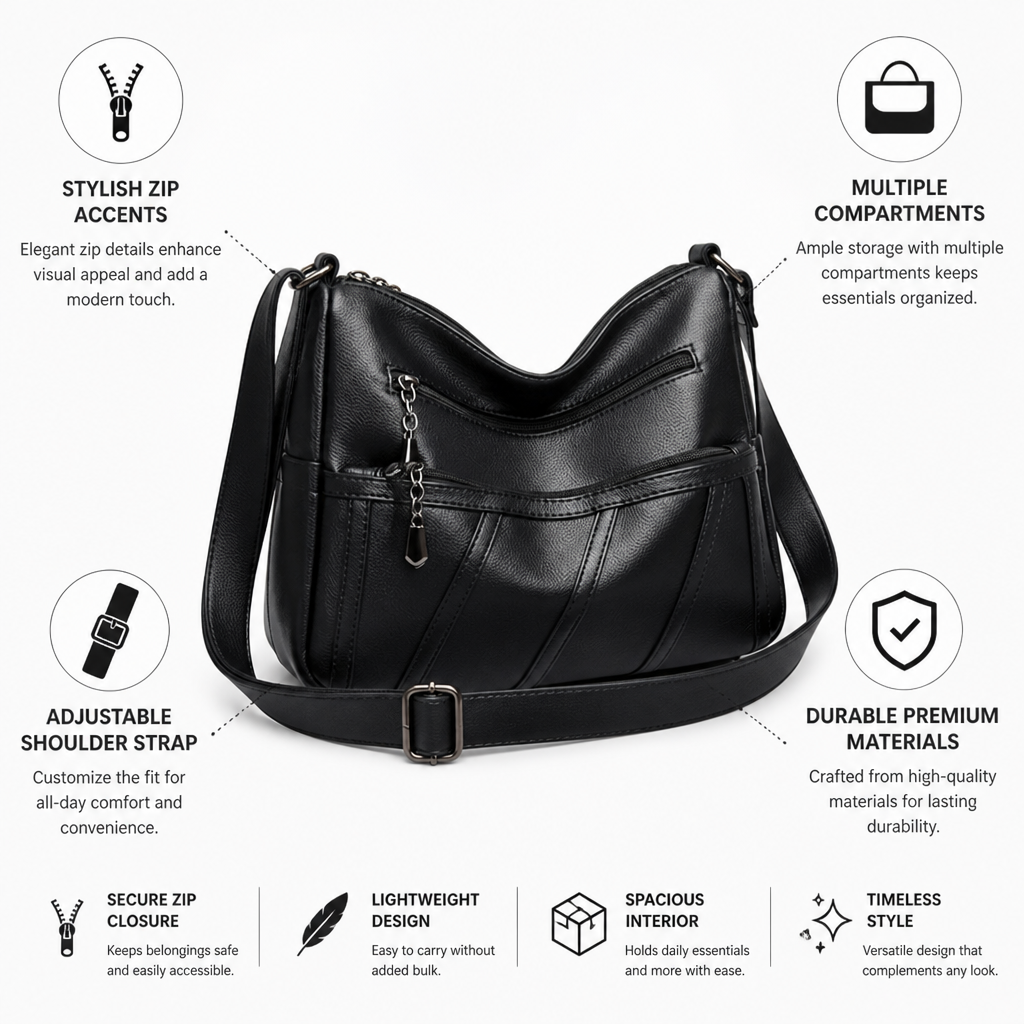 Zip-Detail Multiple-Compartment Adjustable-Strap Shoulder Bag