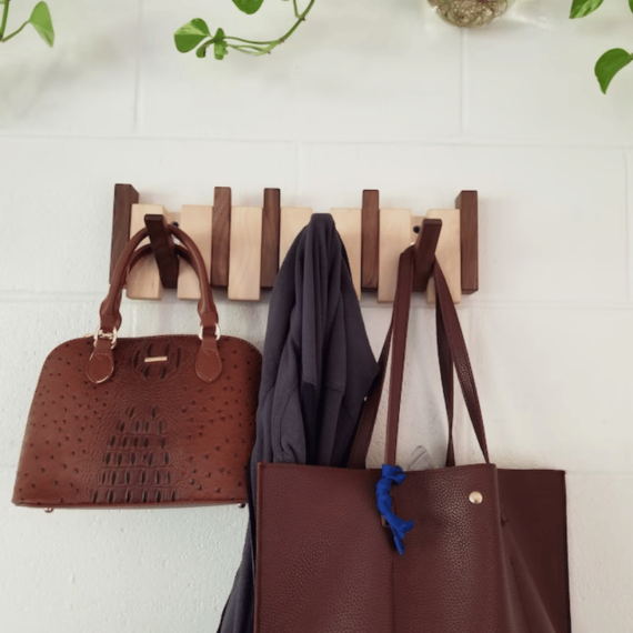 Handcrafted Wooden Coat Rack with Magnetic Foldable Hooks for Entryway