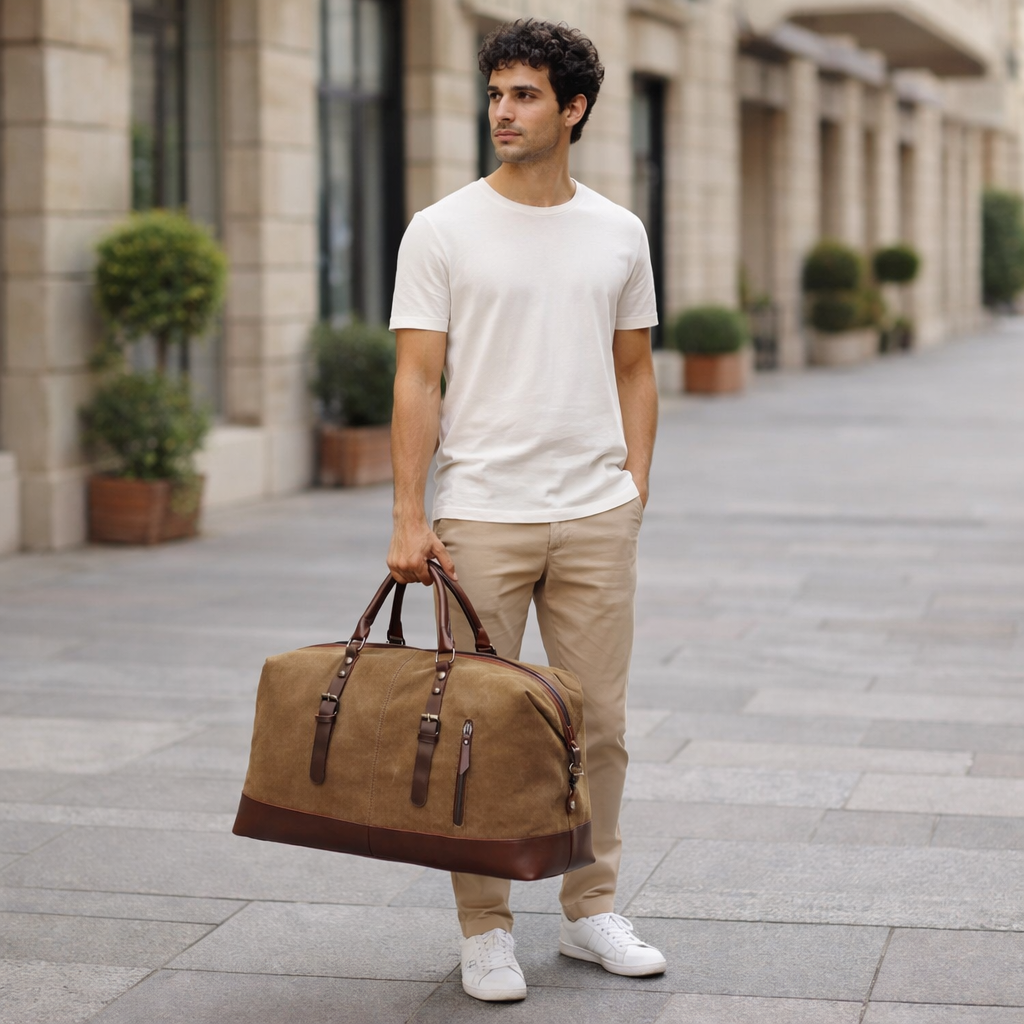 Canvas and Leather Travel Duffel Bag for Men - Weekend Getaway