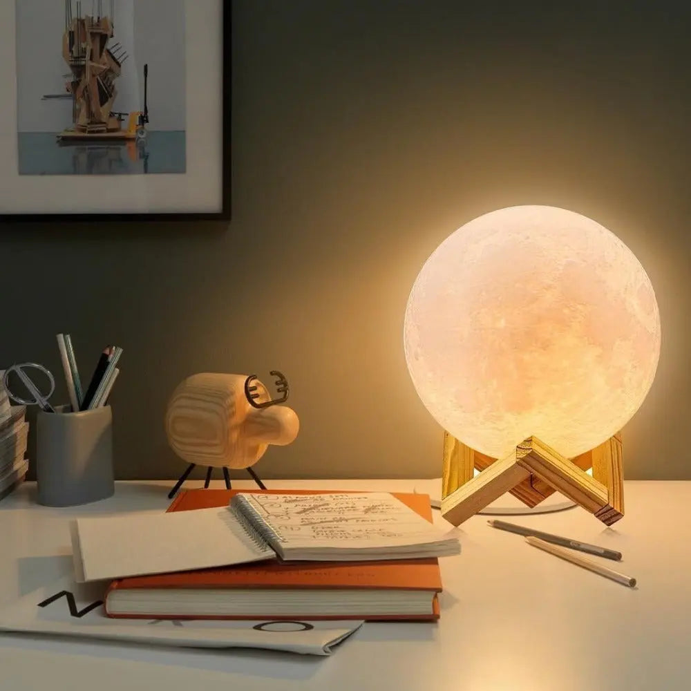 Dimmable Moon Lamp with Wooden Base – 16 Color Options