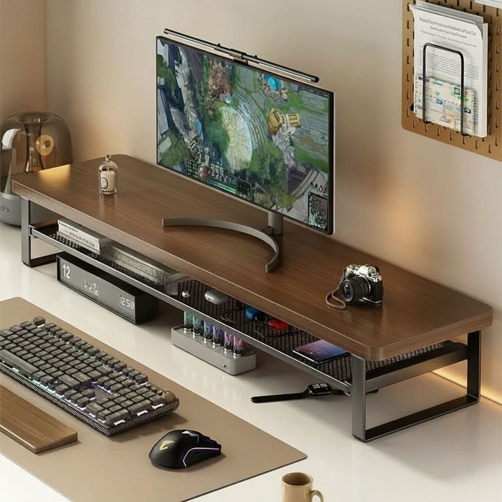 Dual-Layer Monitor Stand with Pull-Out Storage for Computers