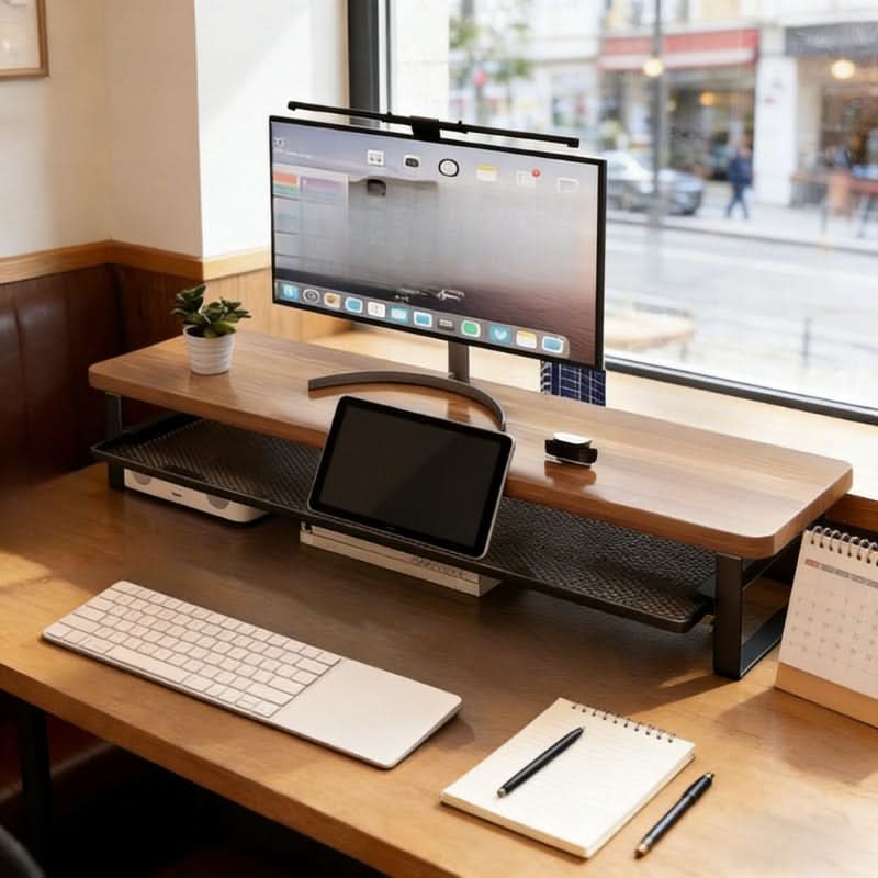 Dual-Layer Monitor Stand with Pull-Out Storage for Computers