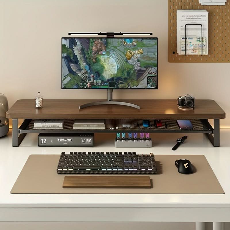 Dual-Layer Monitor Stand with Pull-Out Storage for Computers