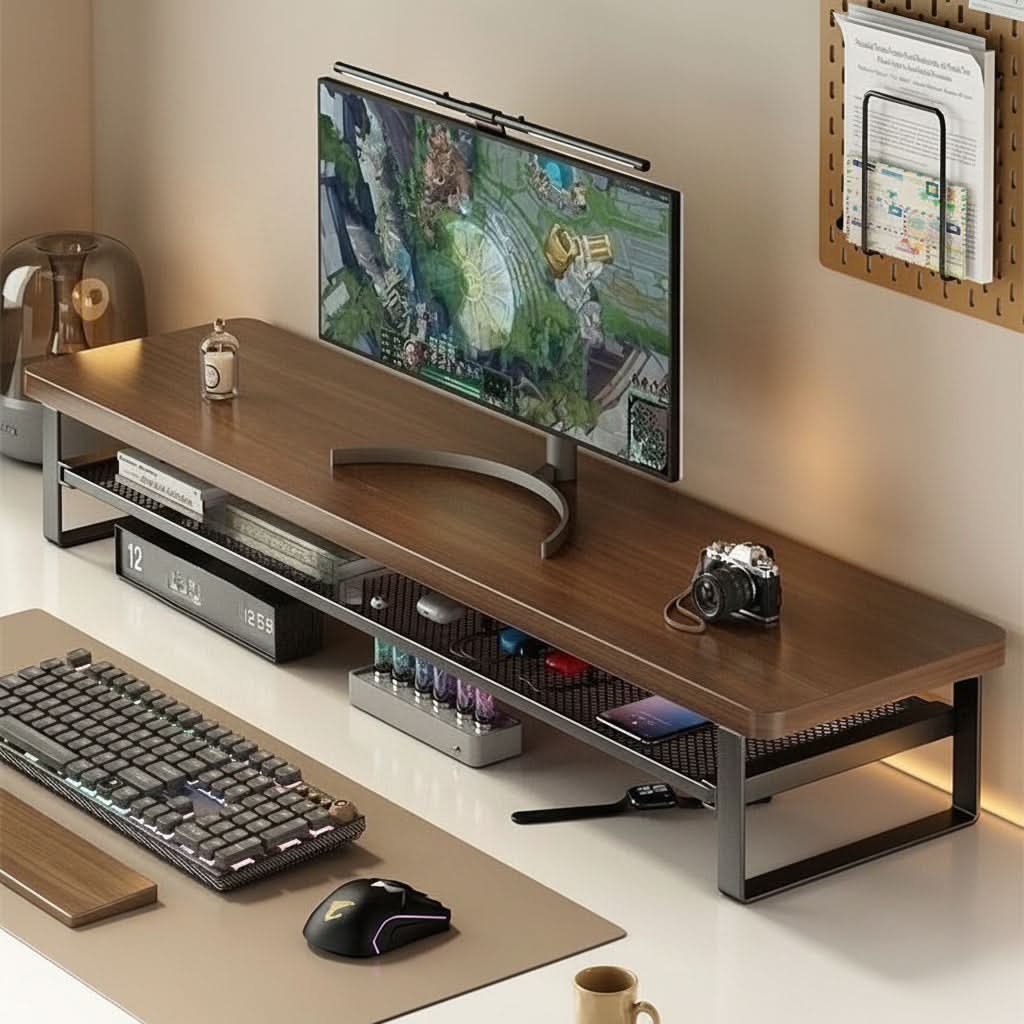 Dual-Layer Monitor Stand with Pull-Out Storage for Computers