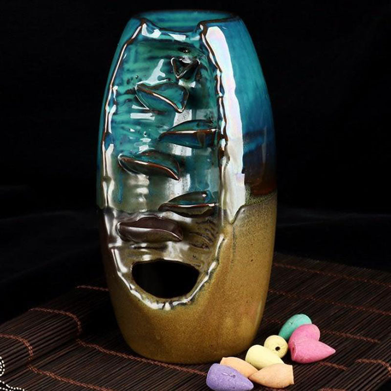 Ceramic Waterfall Incense Burner with Mountain Design and 50 Cones
