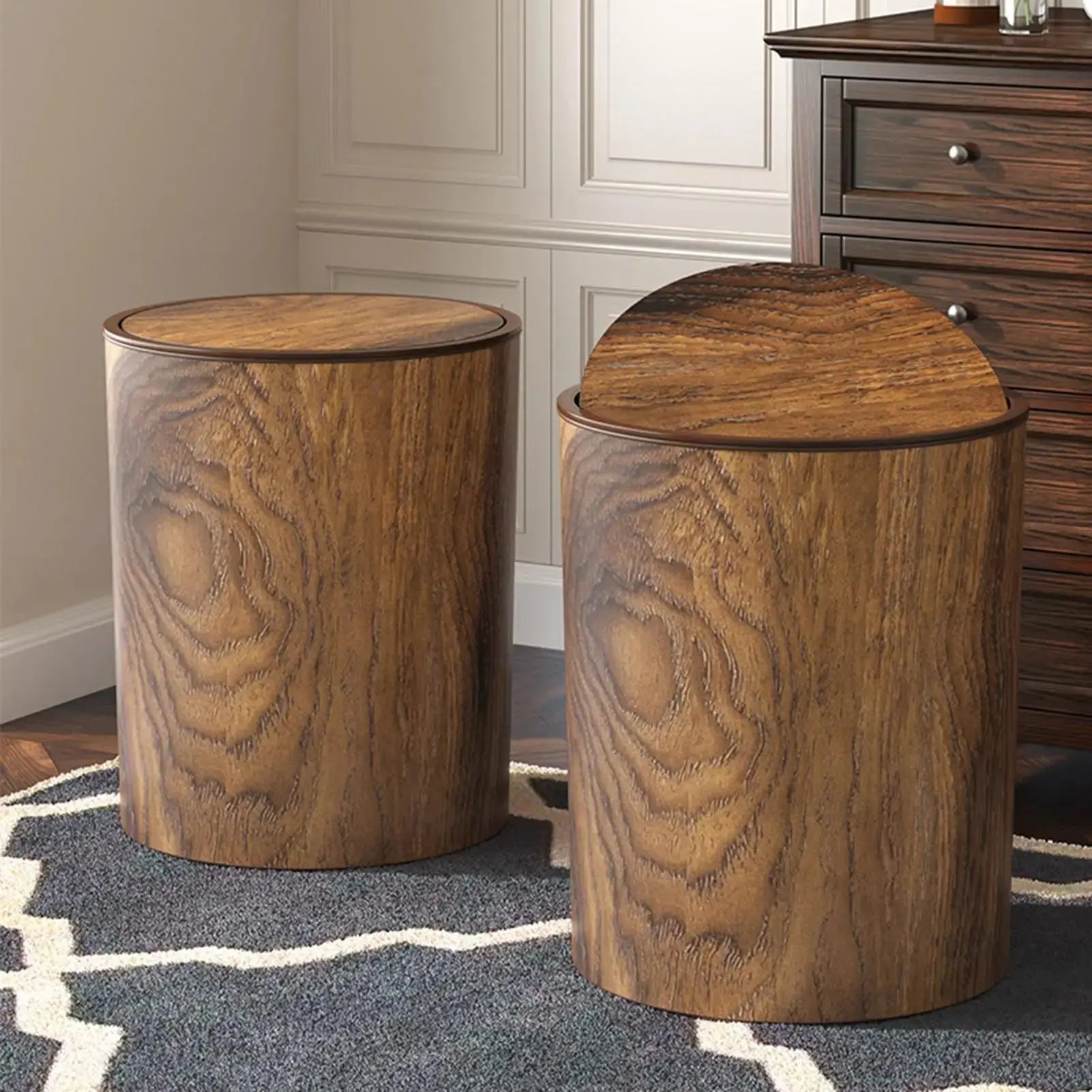 Trash Bin with Swing Lid | Wood Look | Quiet and Hygienic