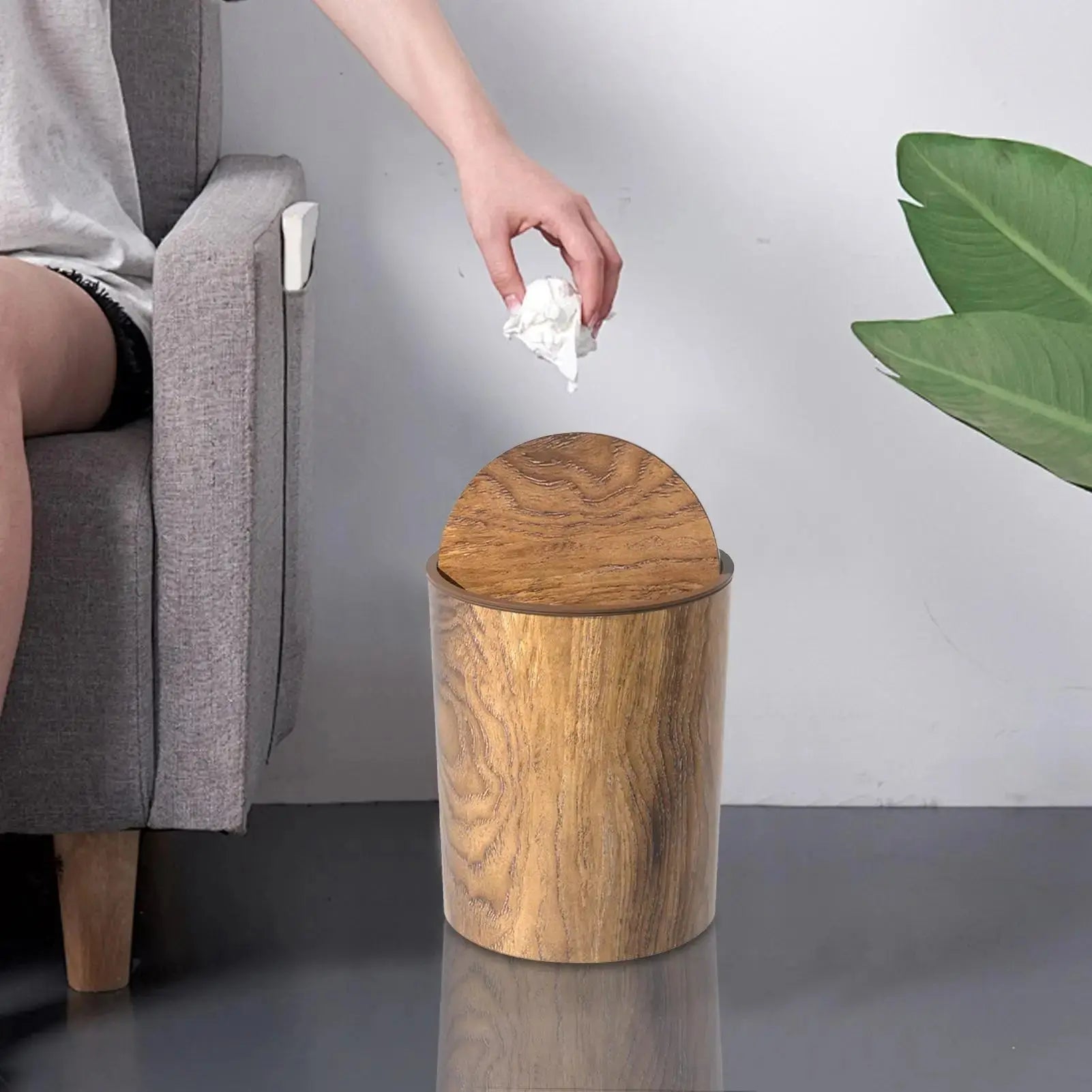 Trash Bin with Swing Lid | Wood Look | Quiet and Hygienic