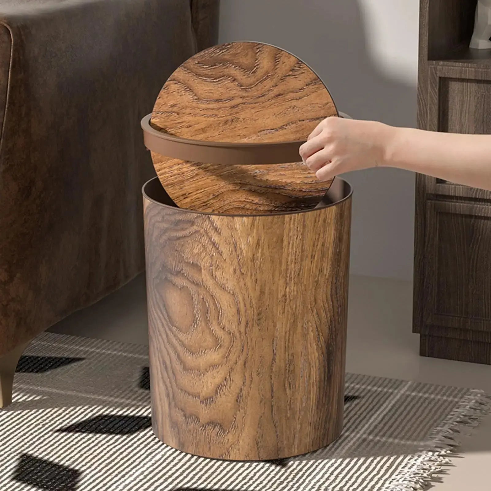 Trash Bin with Swing Lid | Wood Look | Quiet and Hygienic